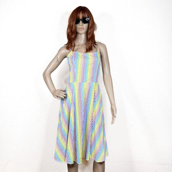 Unique Vintage Rainbow Striped Barbiecore Fit and Flare Midi Dress Sz S/4 - NWT - Picture 1 of 9